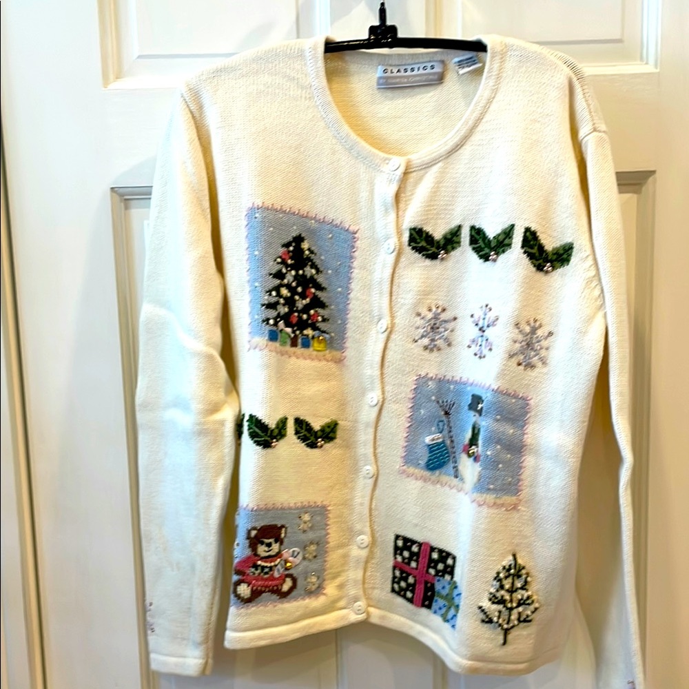 Classic Marisa Christina Ivory Christmas Cardigan with Festive Motifs. Size L.